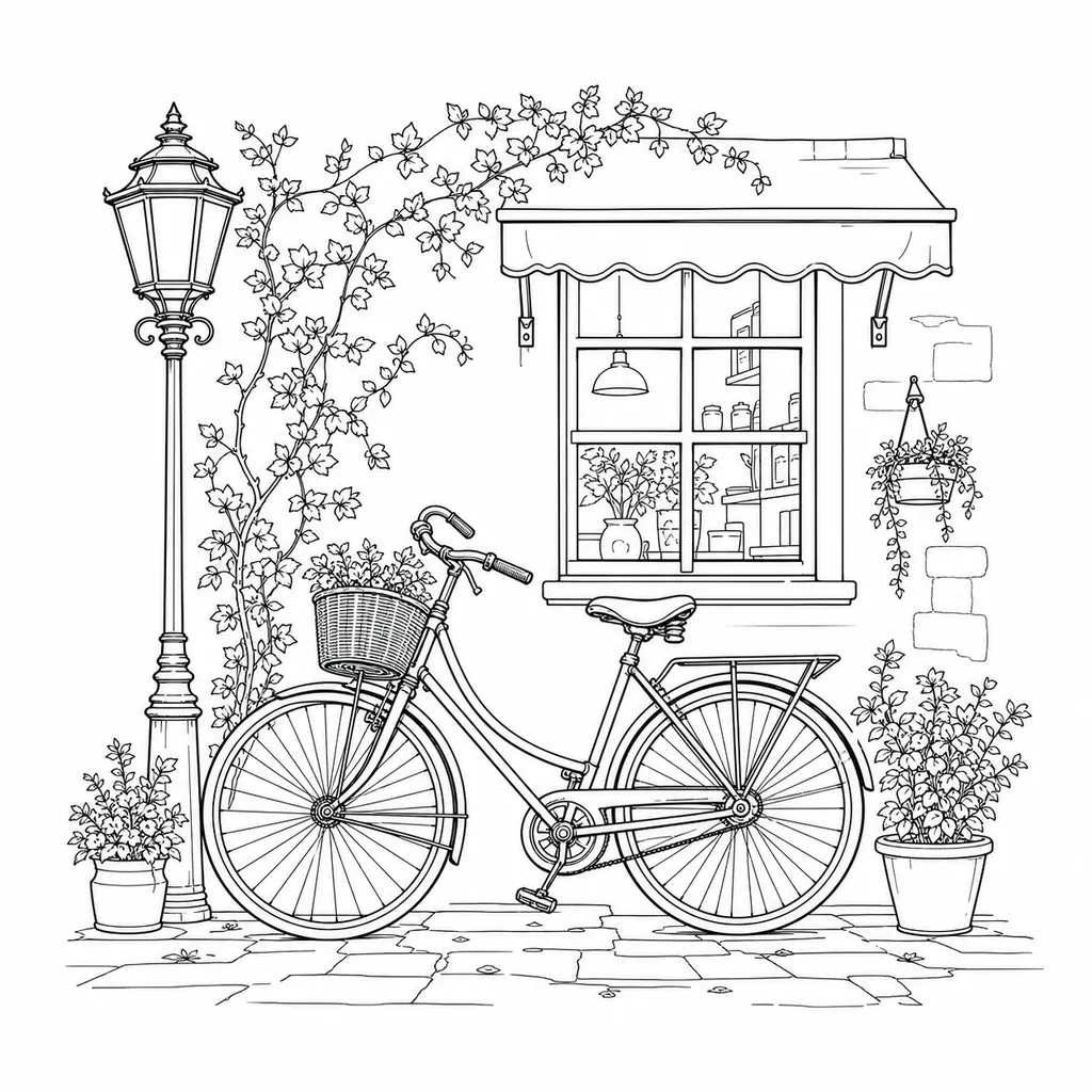 Black and white line art of a vintage bicycle by a cafe
