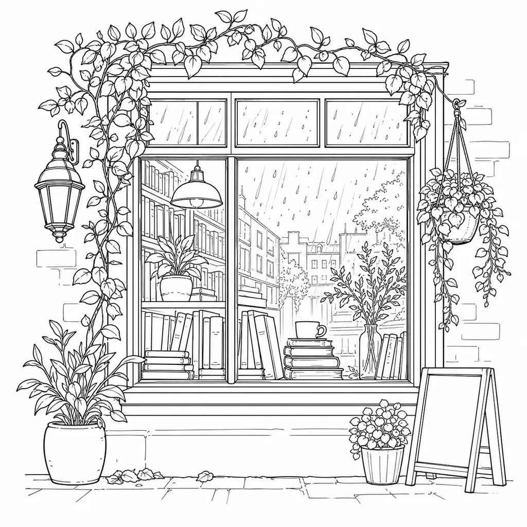 Black and white line art of a cozy bookstore window