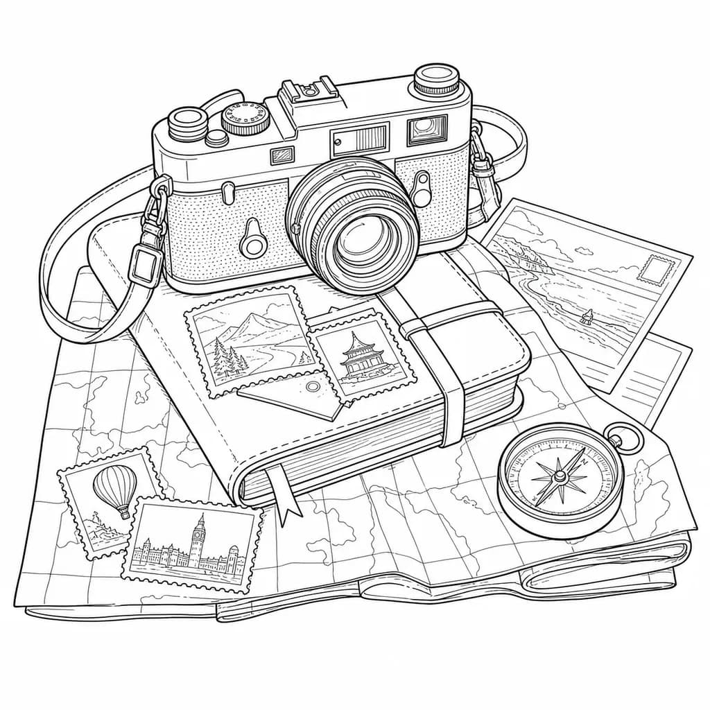 Black and white line art of a vintage camera on a travel journal