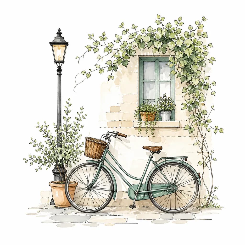 Color line art of a vintage bicycle by a cafe