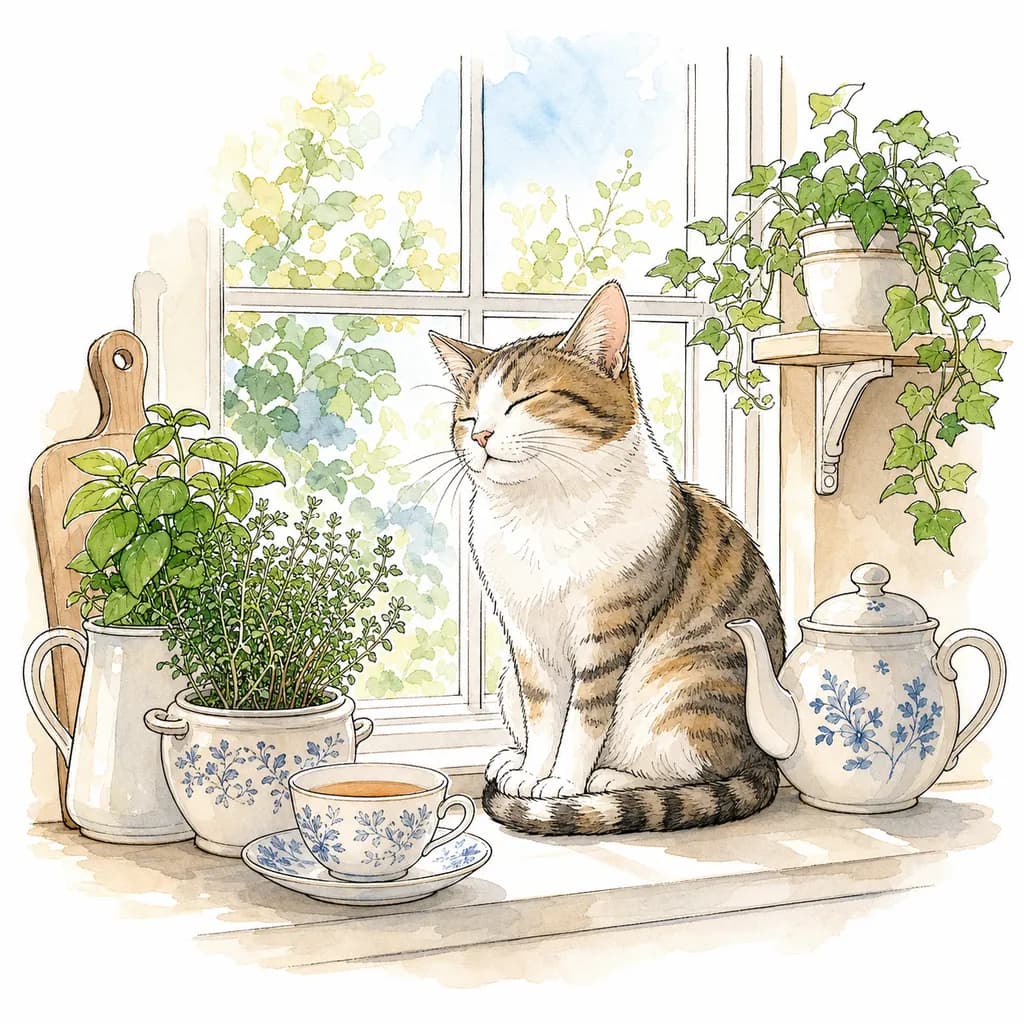 Color line art of a sleepy cat in a kitchen window