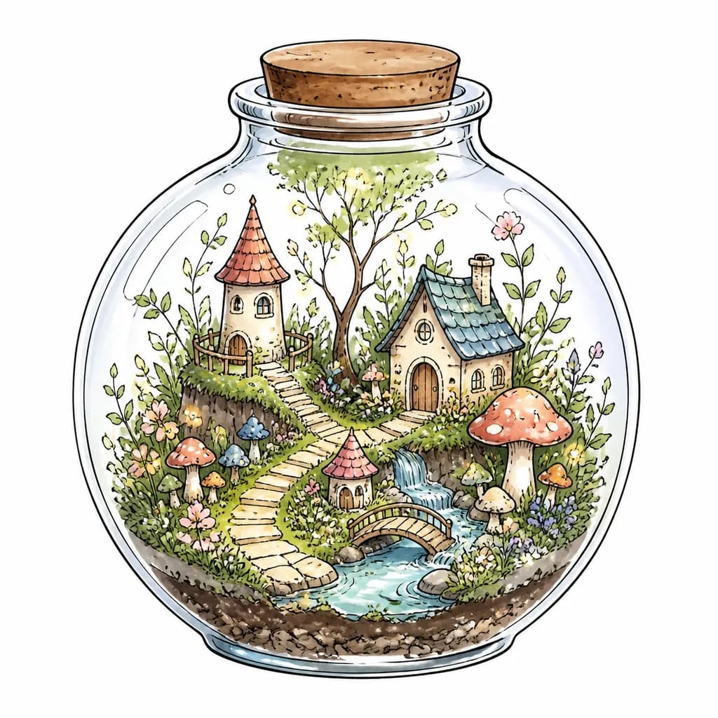 Color line art of a magical glass terrarium