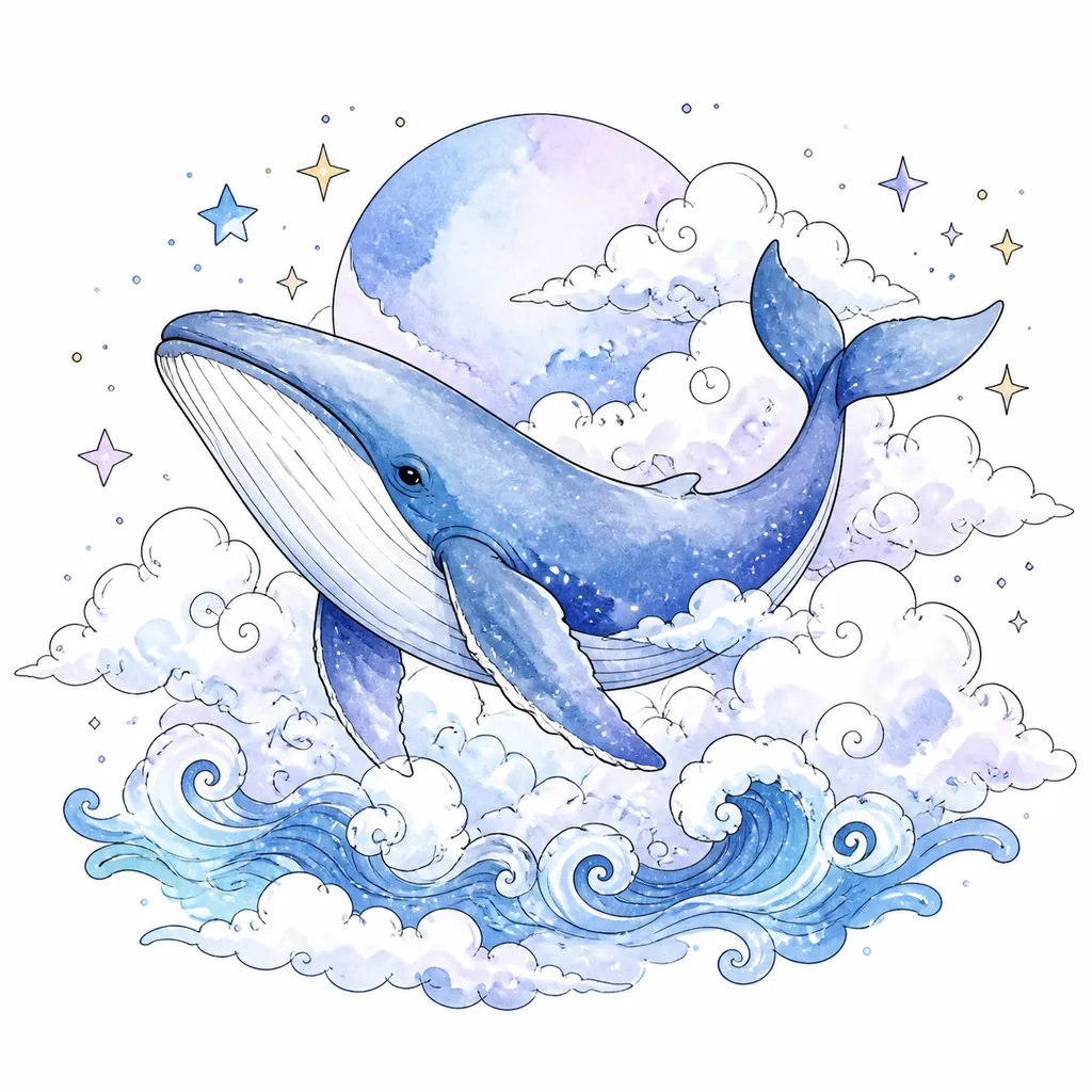 Color line art of a whale floating through clouds
