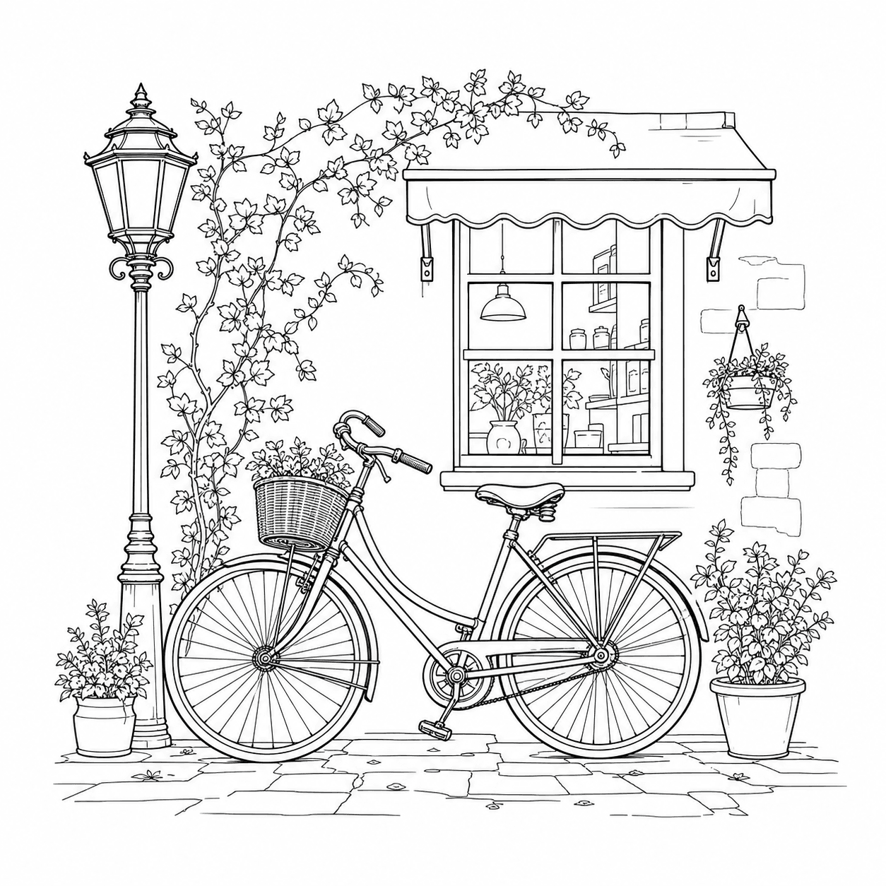 Black and white line art of a vintage bicycle by a cafe