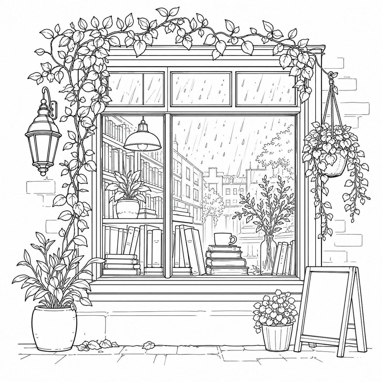 Black and white line art of a cozy bookstore window