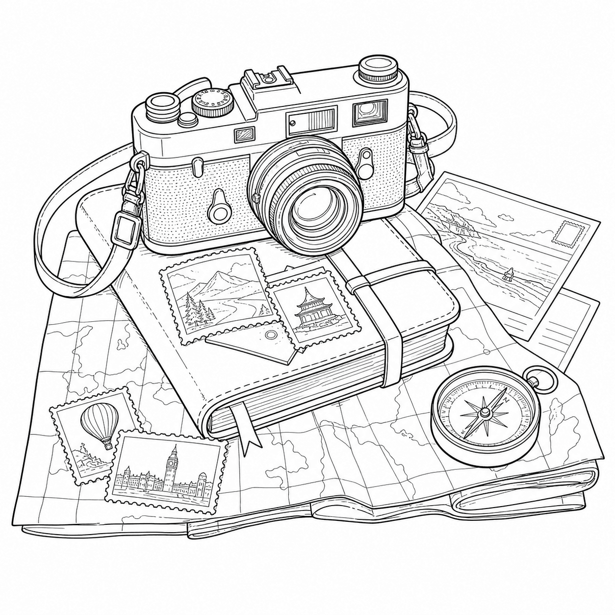 Black and white line art of a vintage camera on a travel journal