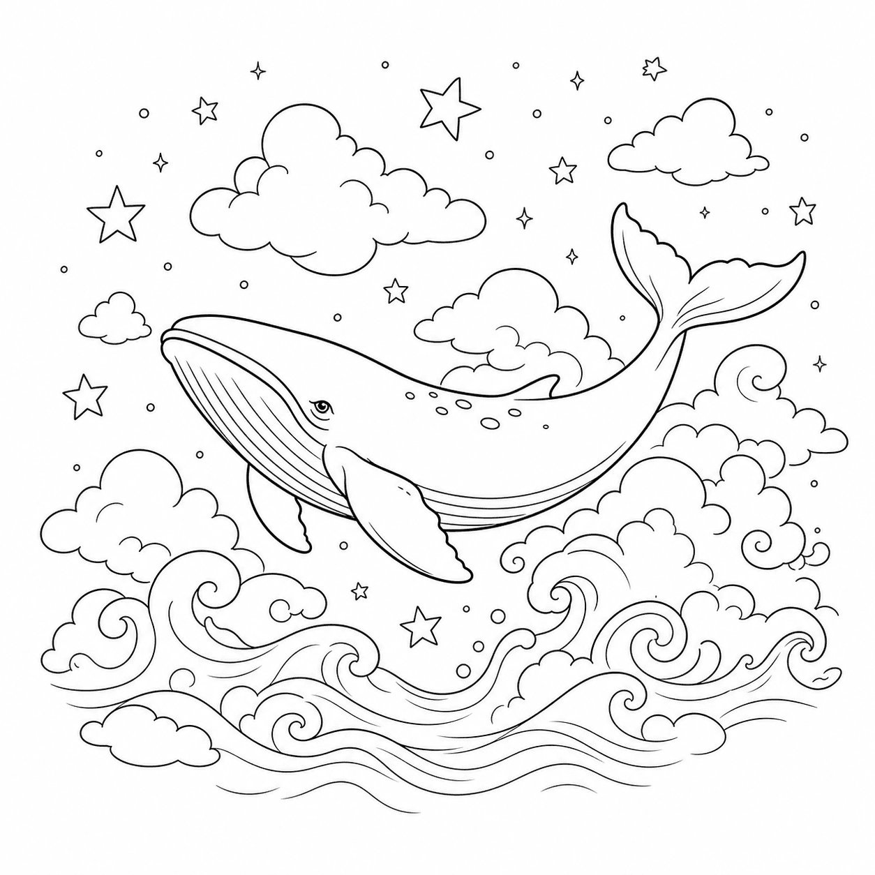 Black and white line art of a whale floating through clouds
