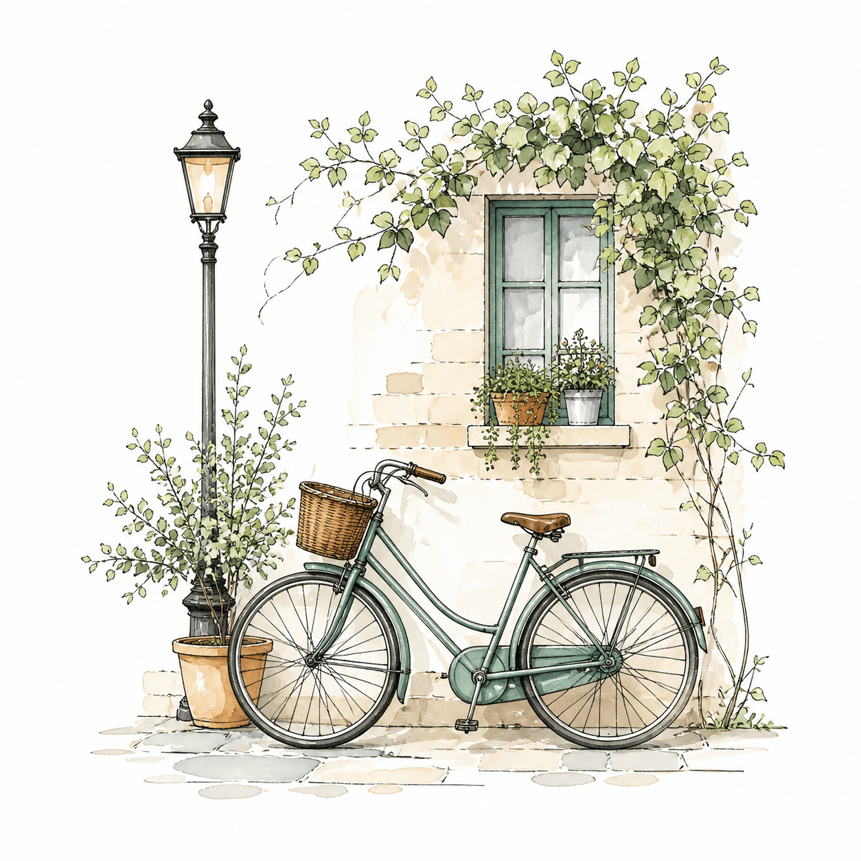 Color line art of a vintage bicycle by a cafe