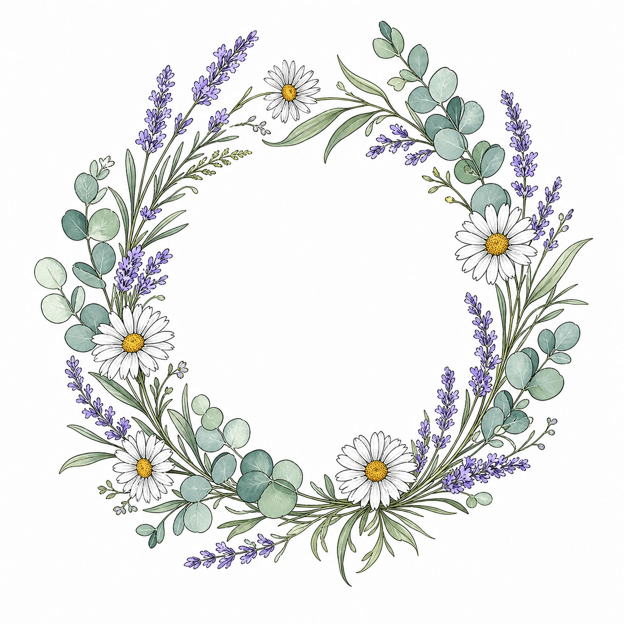 Color line art of a botanical wreath