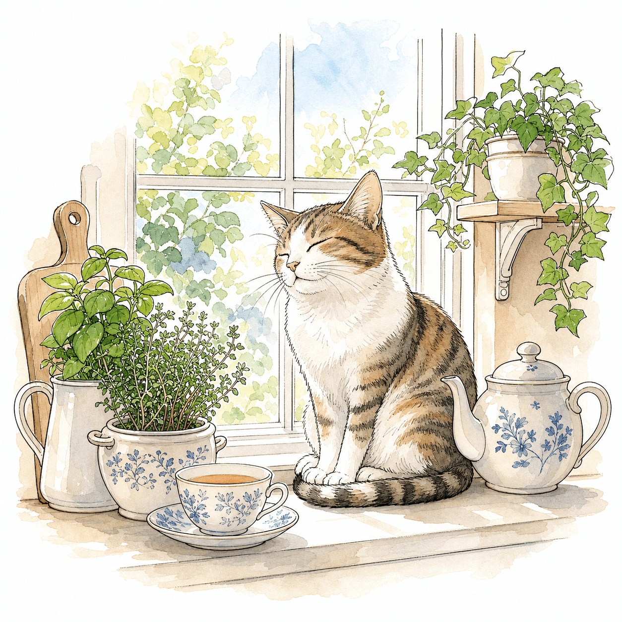 Color line art of a sleepy cat in a kitchen window