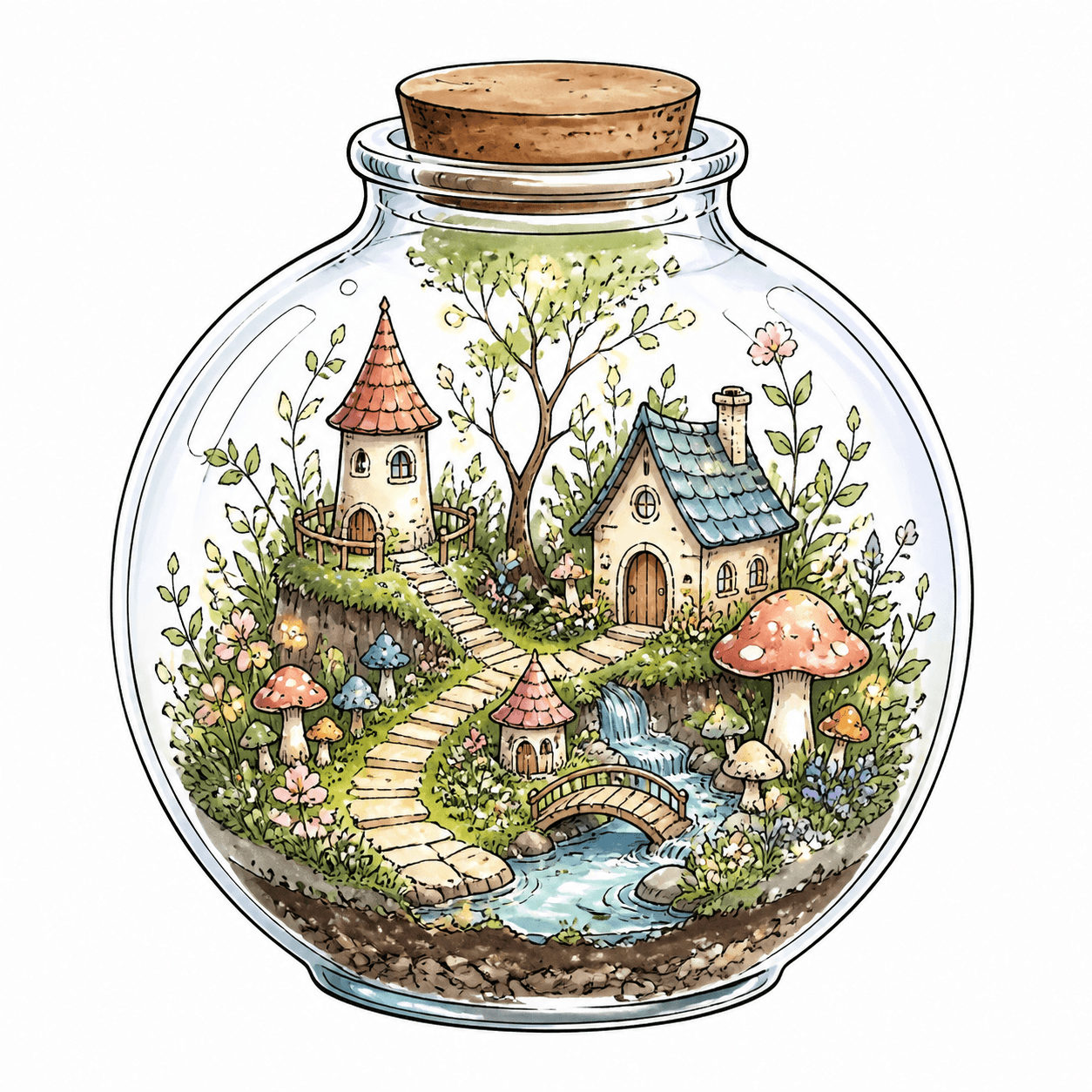 Color line art of a magical glass terrarium