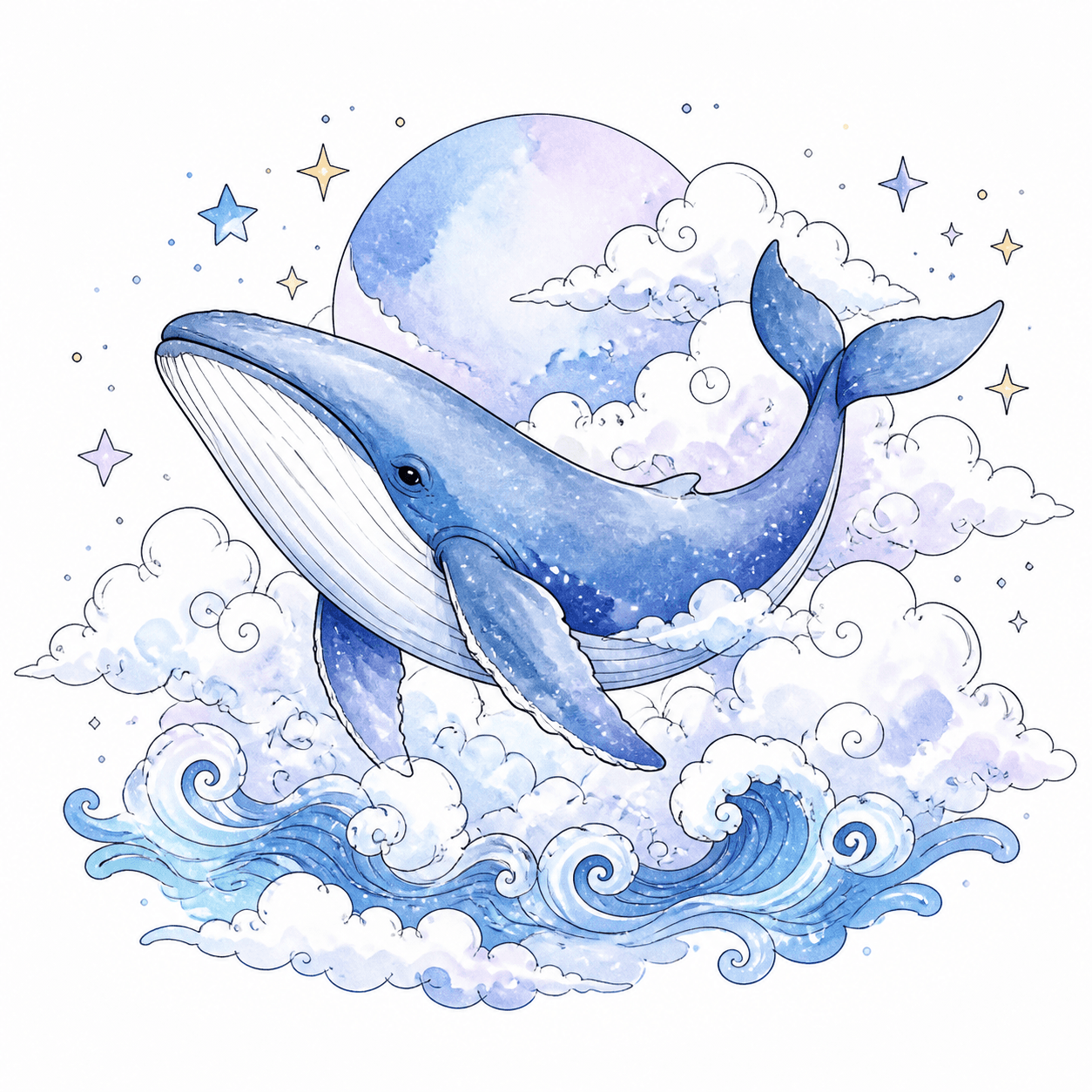 Color line art of a whale floating through clouds