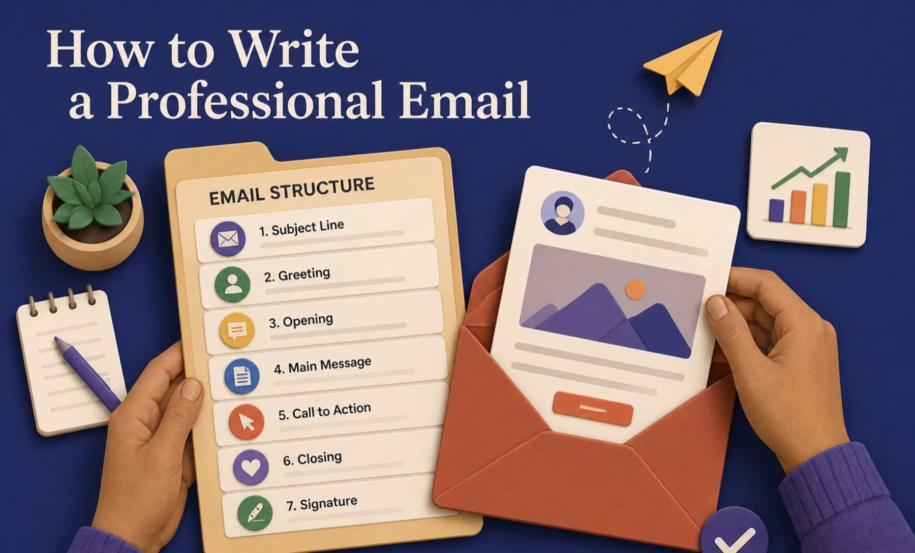Marketing email structure with a subject line, greeting, main message, call to action, and signature