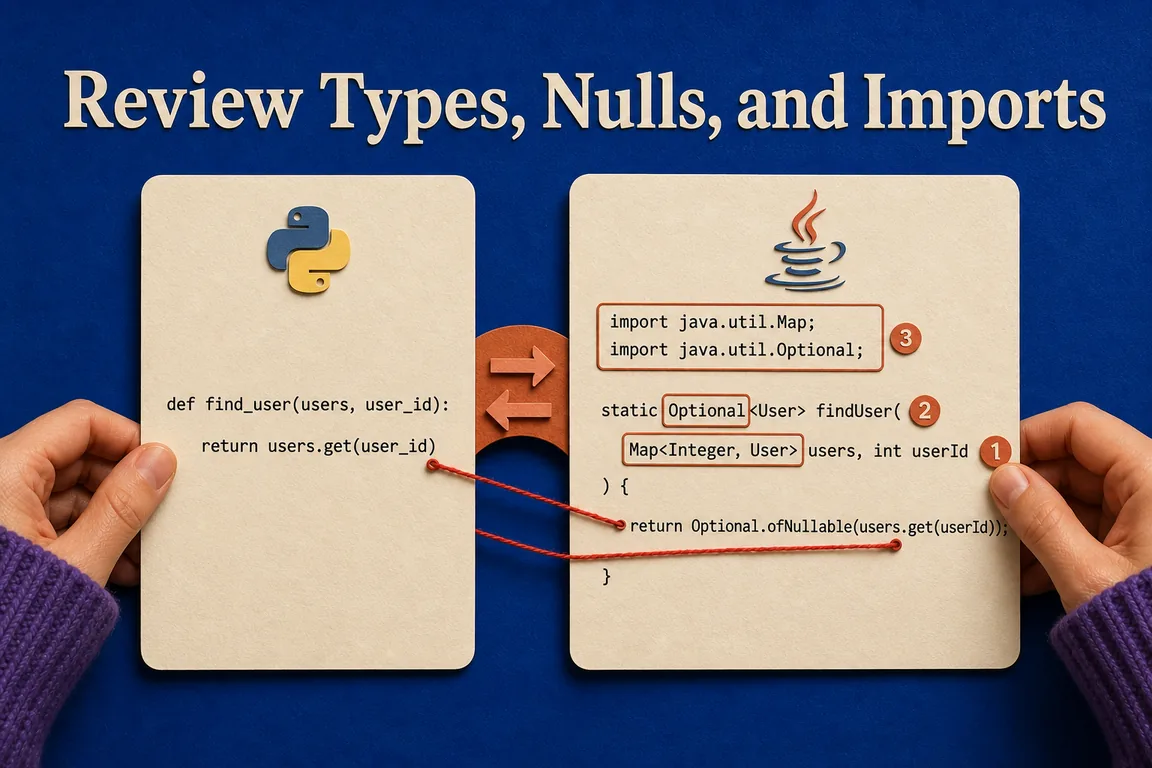 Python and Java editors showing types and imports