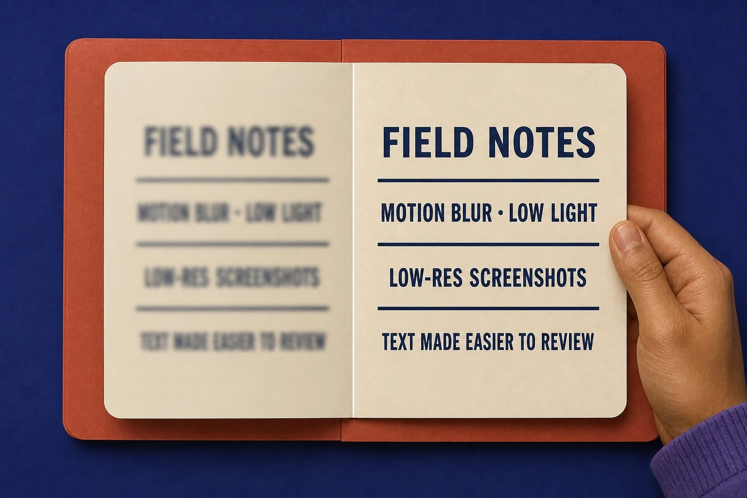 Text enhancer correcting motion blur, camera shake, low light, and a low-resolution screenshot.