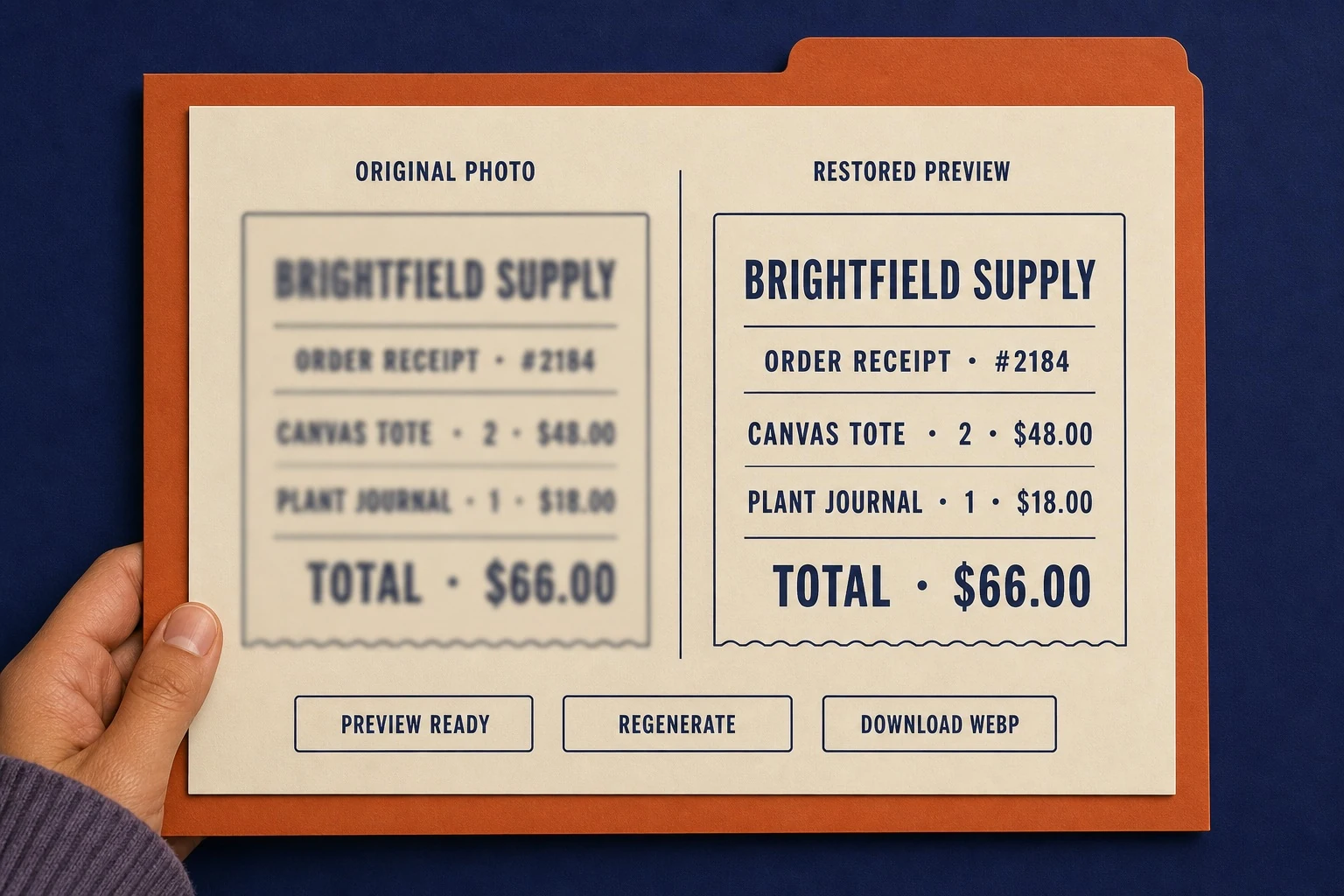 Before-and-after preview of an image with blurry text restored by the text enhancer.