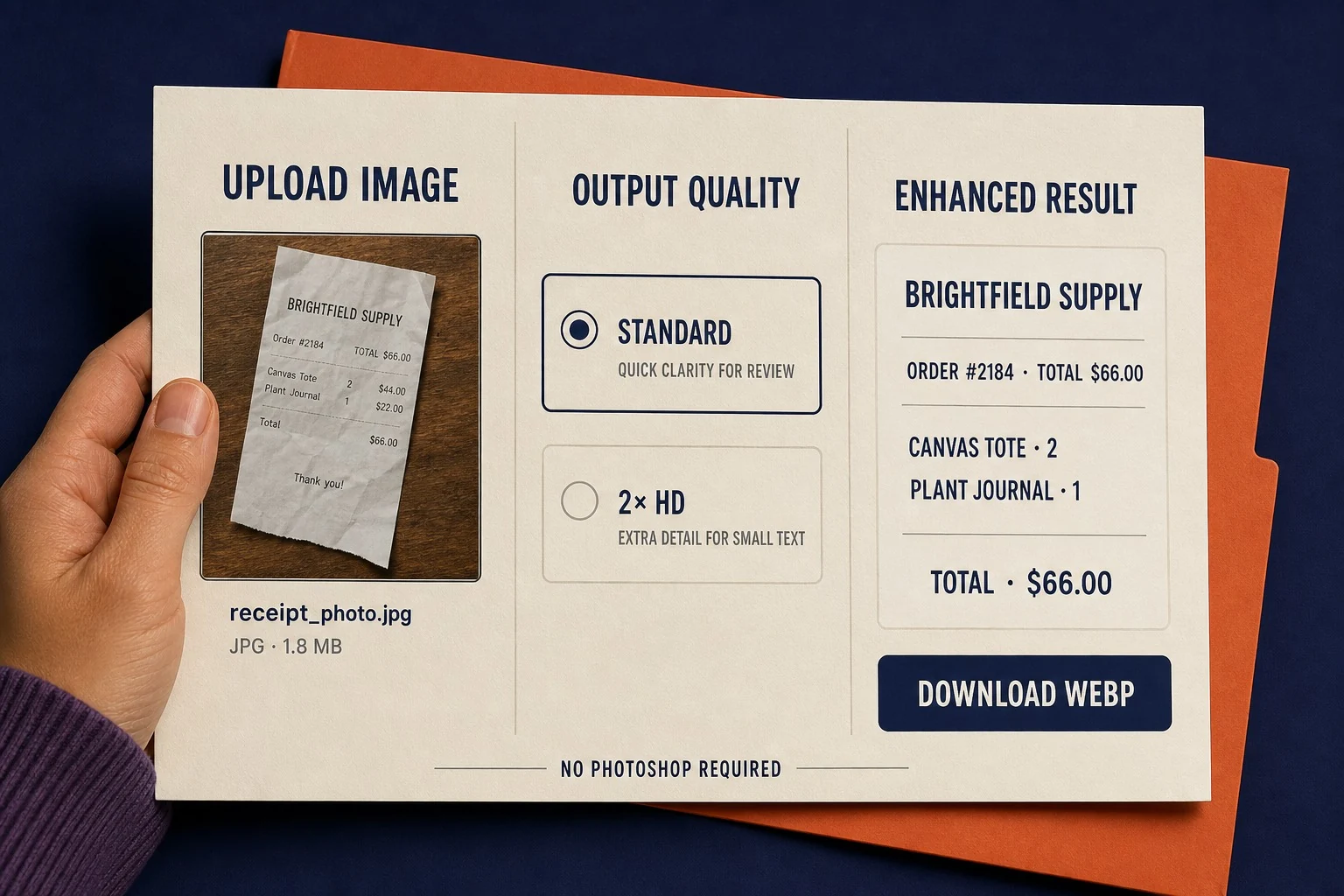 Online image text enhancer workflow for JPG, PNG, and WebP files without design software.