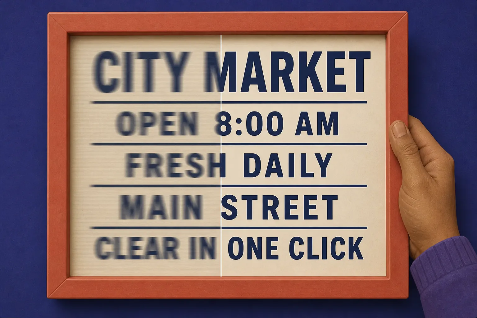 Market sign with motion-blurred text restored clearly