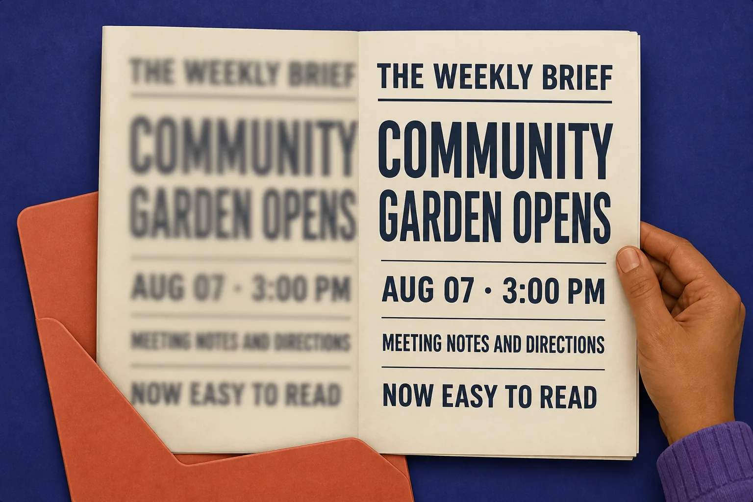 Newspaper page with blurry text on the left and clear text on the right