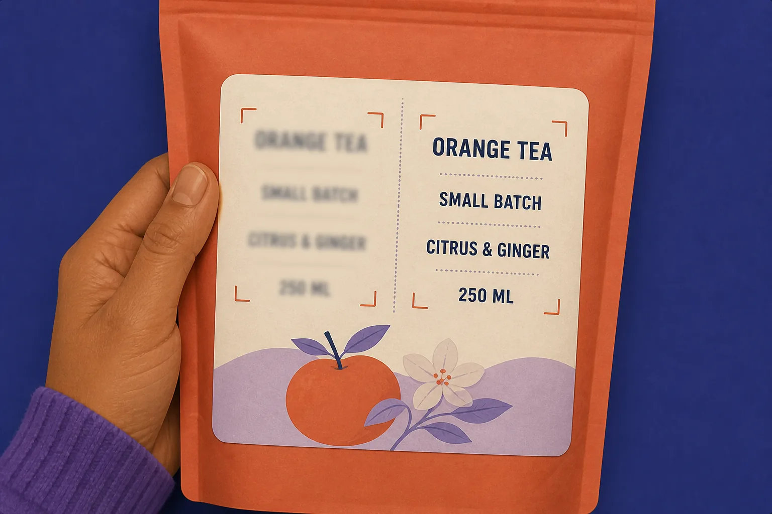 Tea product label where only text is sharpened while the illustration stays unchanged